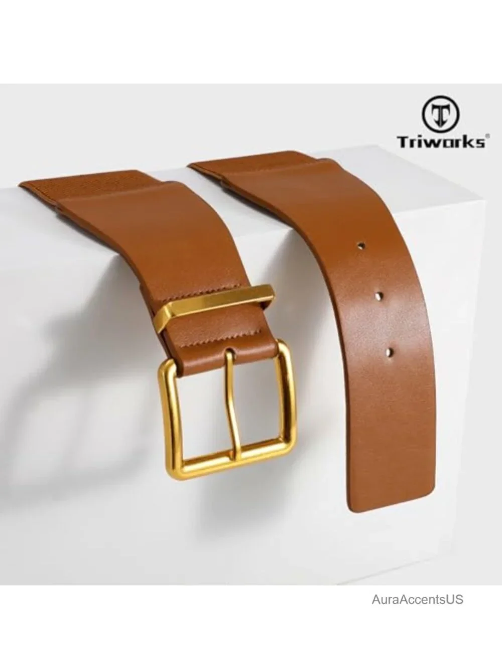 Vintage Stretchy Wide Elastic Belt with Gold Chunky Buckle for Dresses